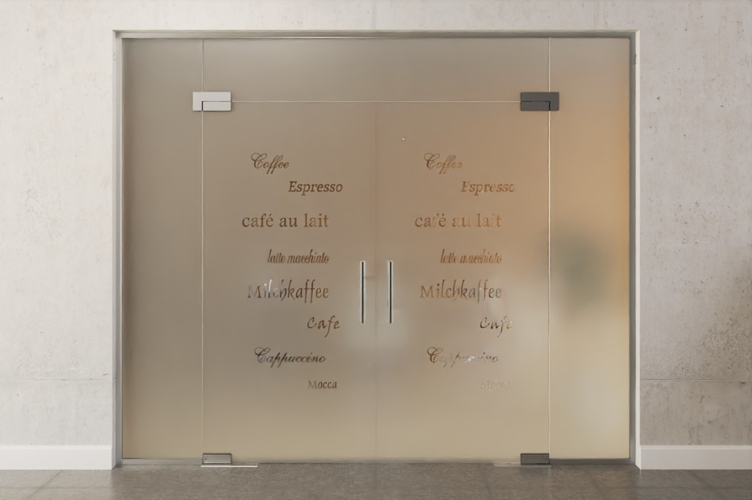 Frontansicht von Cafe 2 Motiv klar 2-flg. Glaspendeltür mit zwei festen Seitenteilen und Oberlicht DORMA Mundus BTS Variante 12 - Erkelenz