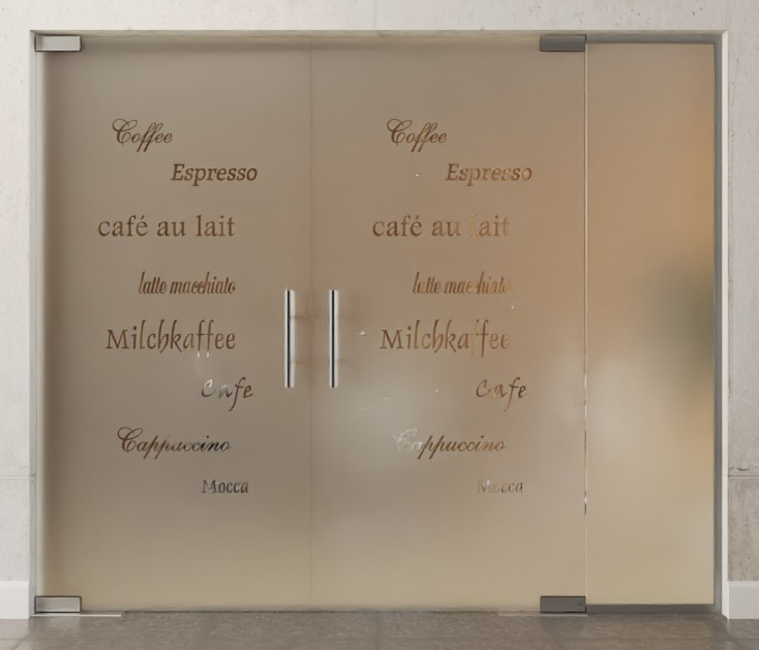 Frontansicht von Cafe 2 Motiv klar 2-flg. Glaspendeltür mit festem Seitenteil DORMA Mundus BTS Variante 5 - Erkelenz