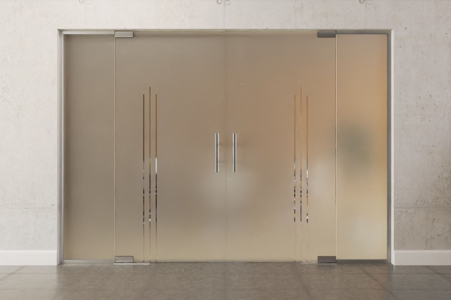 Frontbild von Vertigo Motiv klar 2-flg. Glaspendeltür mit zwei festen Seitenteilen DORMA Mundus BTS Variante 6 - Erkelenz