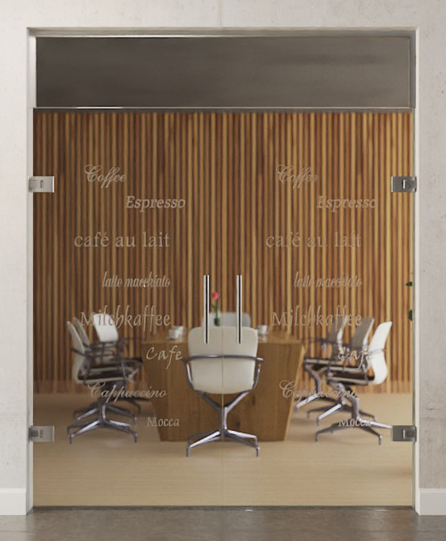 Bild von Cafe 2 Motiv matt 2-flg. Glaspendeltür mit Oberlicht DORMA Tensor Variante 2 - Erkelenz