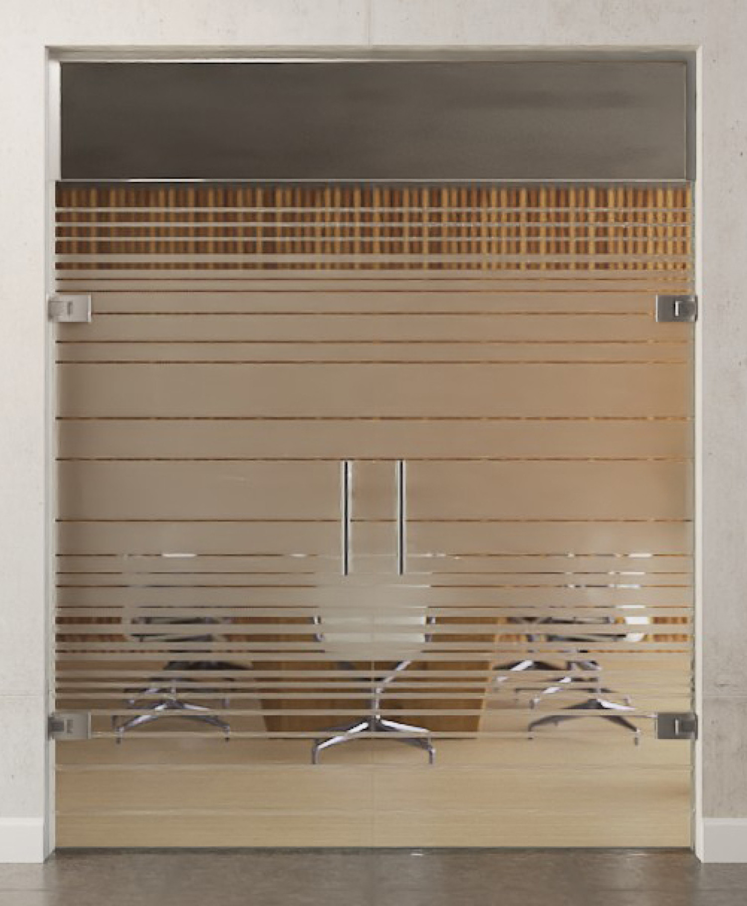 Bild von Ufficio Motiv matt 2-flg. Glaspendeltür mit Oberlicht DORMA Tensor Variante 2 - Erkelenz