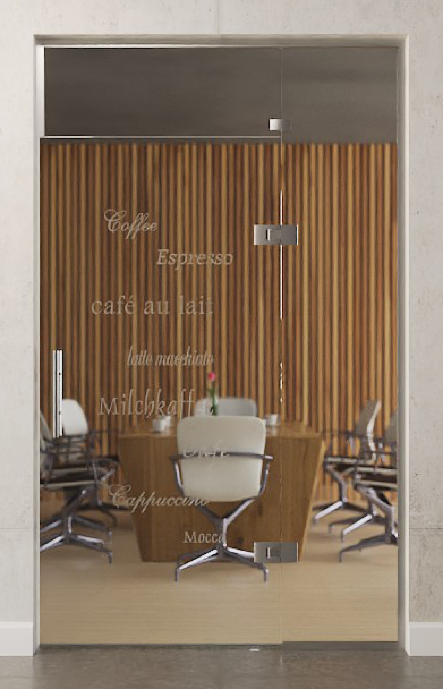 Bild von Cafe 2 Motiv matt Glaspendeltür mit festem Seitenteil und Oberlicht DORMA Tensor Glas an Glas Variante 4 - Erkelenz