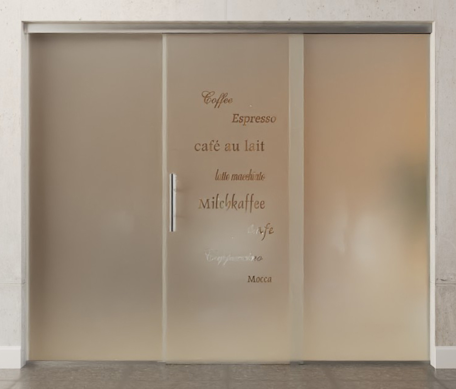 Bild von Cafe 2 Motiv klar Glasschiebetür mit zwei festen Seitenteilen Sigma Flexible Variante 2 - Erkelenz