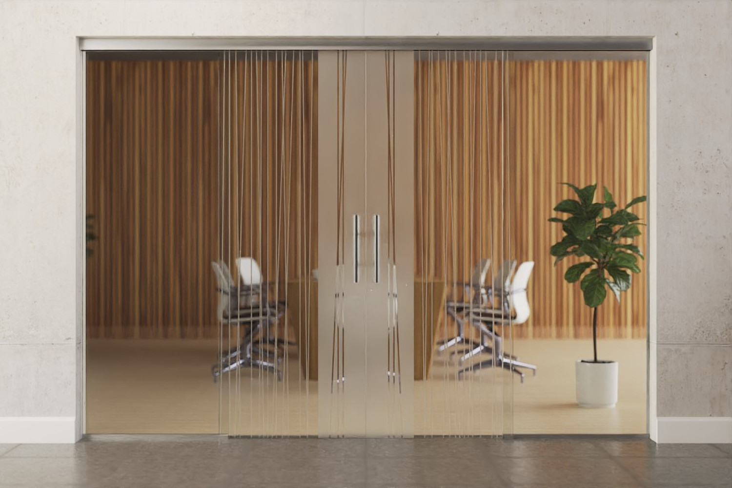 Frontansicht von Linie 1 Motiv klar 2-flg. Glasschiebetür mit zwei festen Seitenteilen Sigma Flexible Variante 3 - Erkelenz