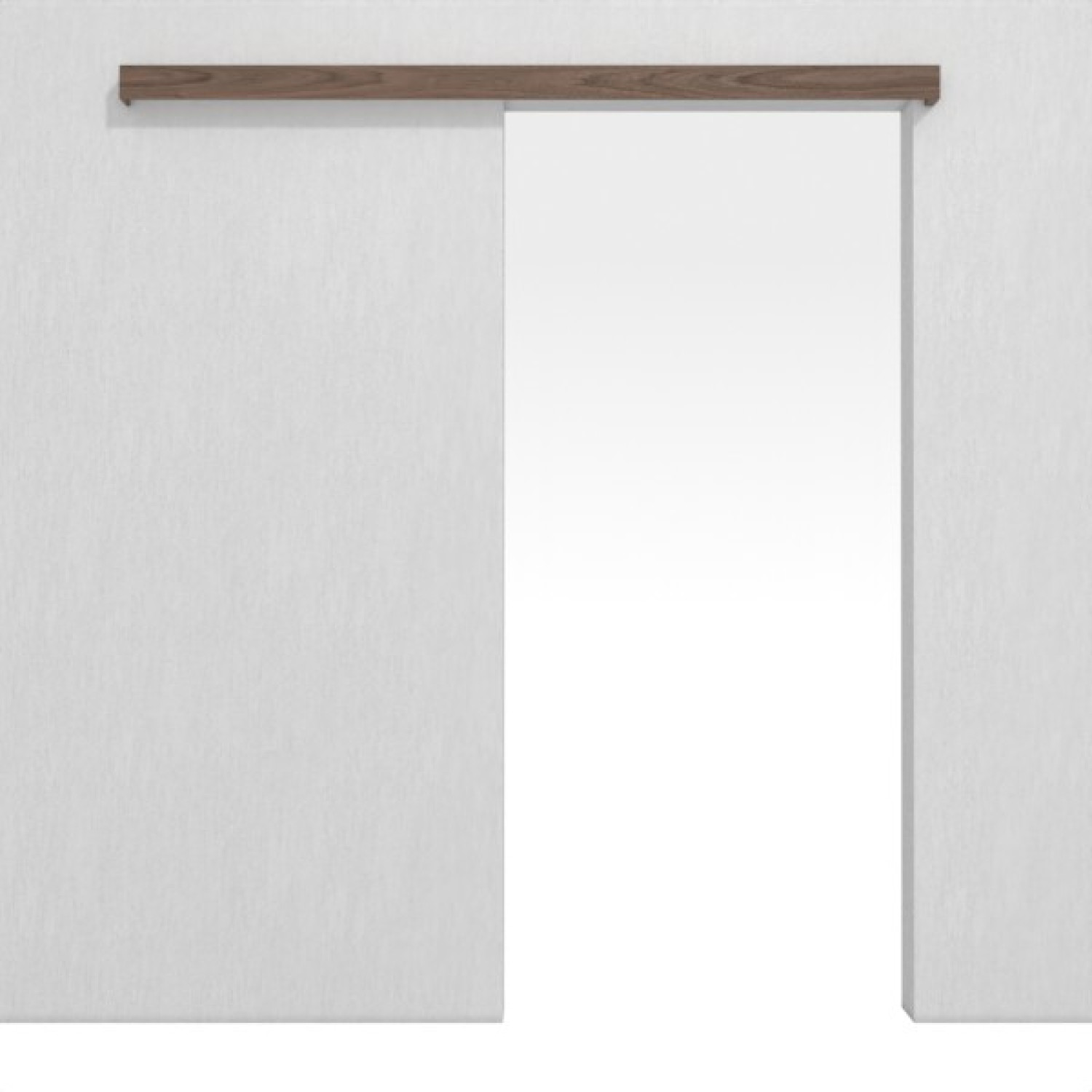 Frontansicht von LEBO Schiebetürsystem vor der Wand laufend Nussbaum Matt Furnier ohne Zarge