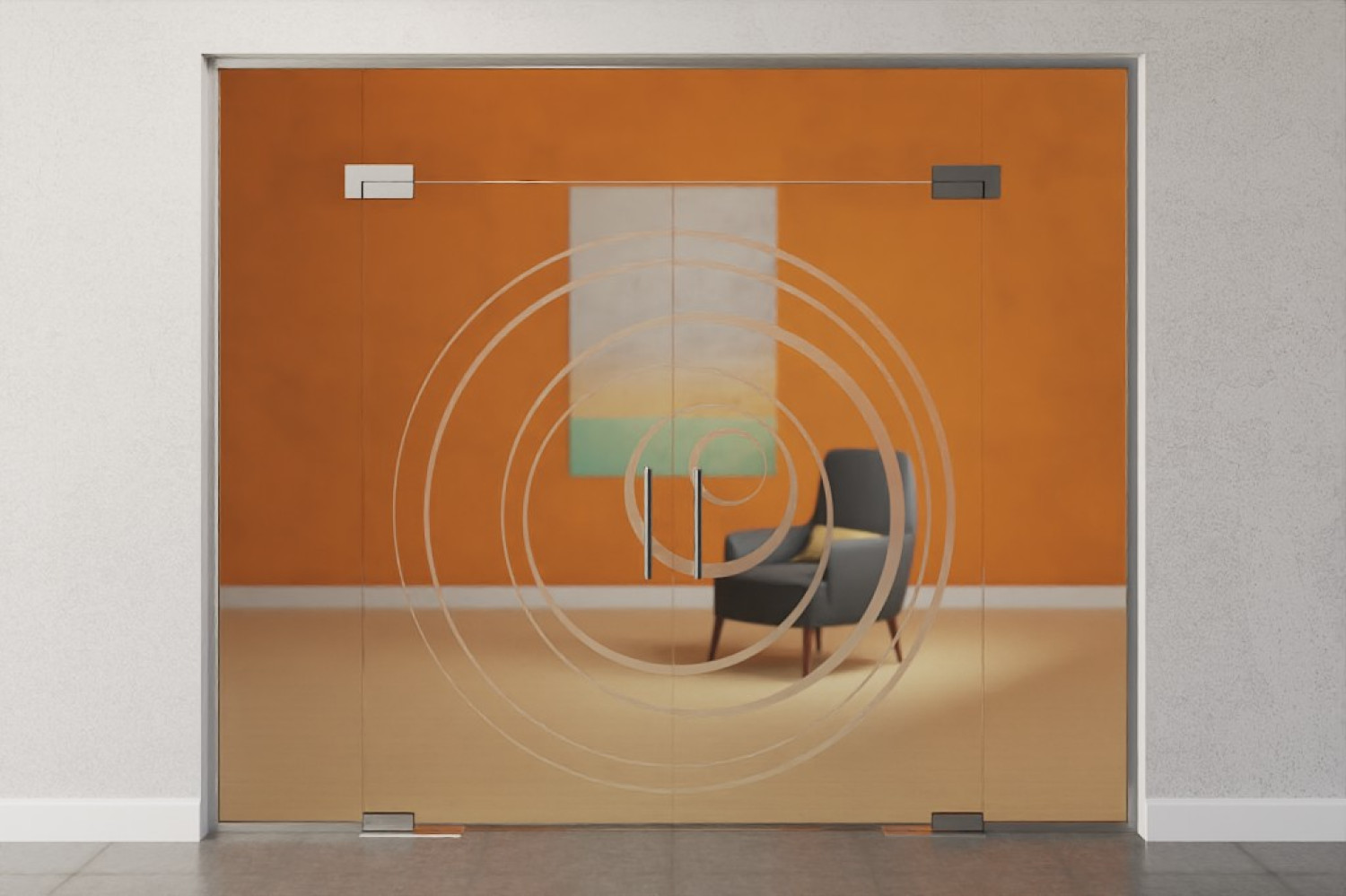 Frontansicht von Lira Motiv matt 2-flg. Glaspendeltür mit zwei festen Seitenteilen und Oberlicht DORMA Mundus BTS Variante 12 - Erkelenz