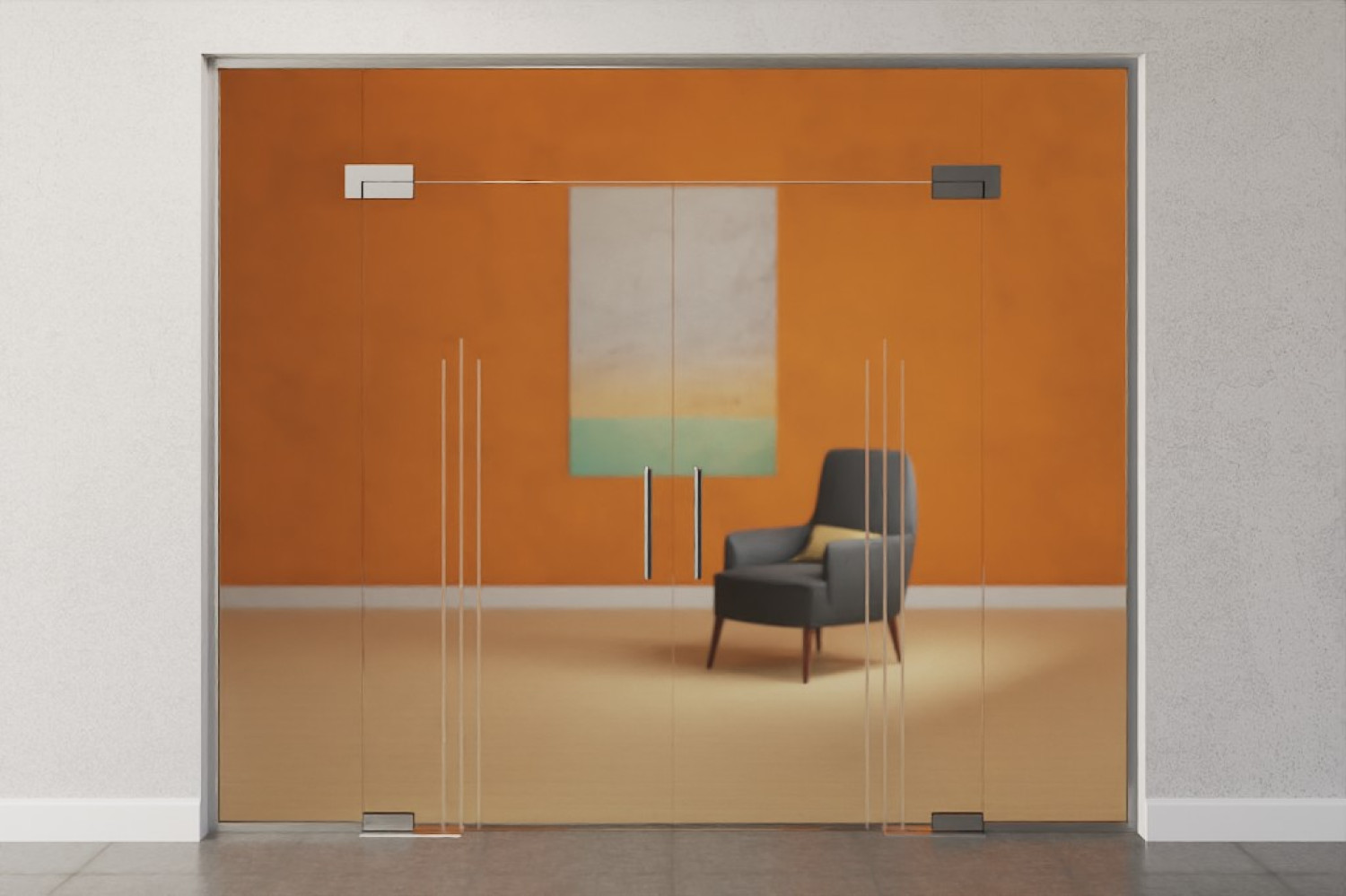 Frontansicht von Vertigo Motiv matt 2-flg. Glaspendeltür mit zwei festen Seitenteilen und Oberlicht DORMA Mundus BTS Variante 12 - Erkelenz