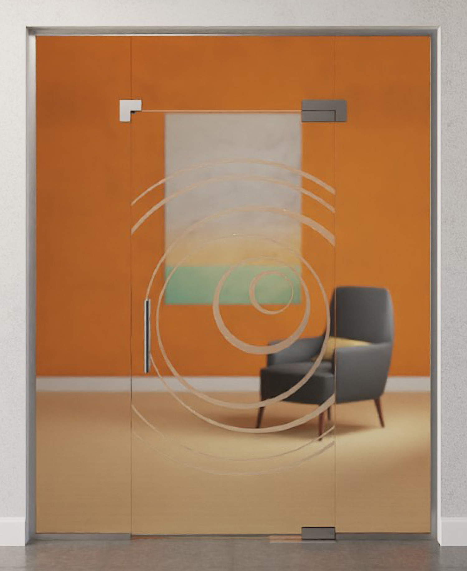 Bild von Lira Motiv matt Glaspendeltür mit zwei festen Seitenteilen und Oberlicht DORMA Mundus BTS Variante 9 - Erkelenz