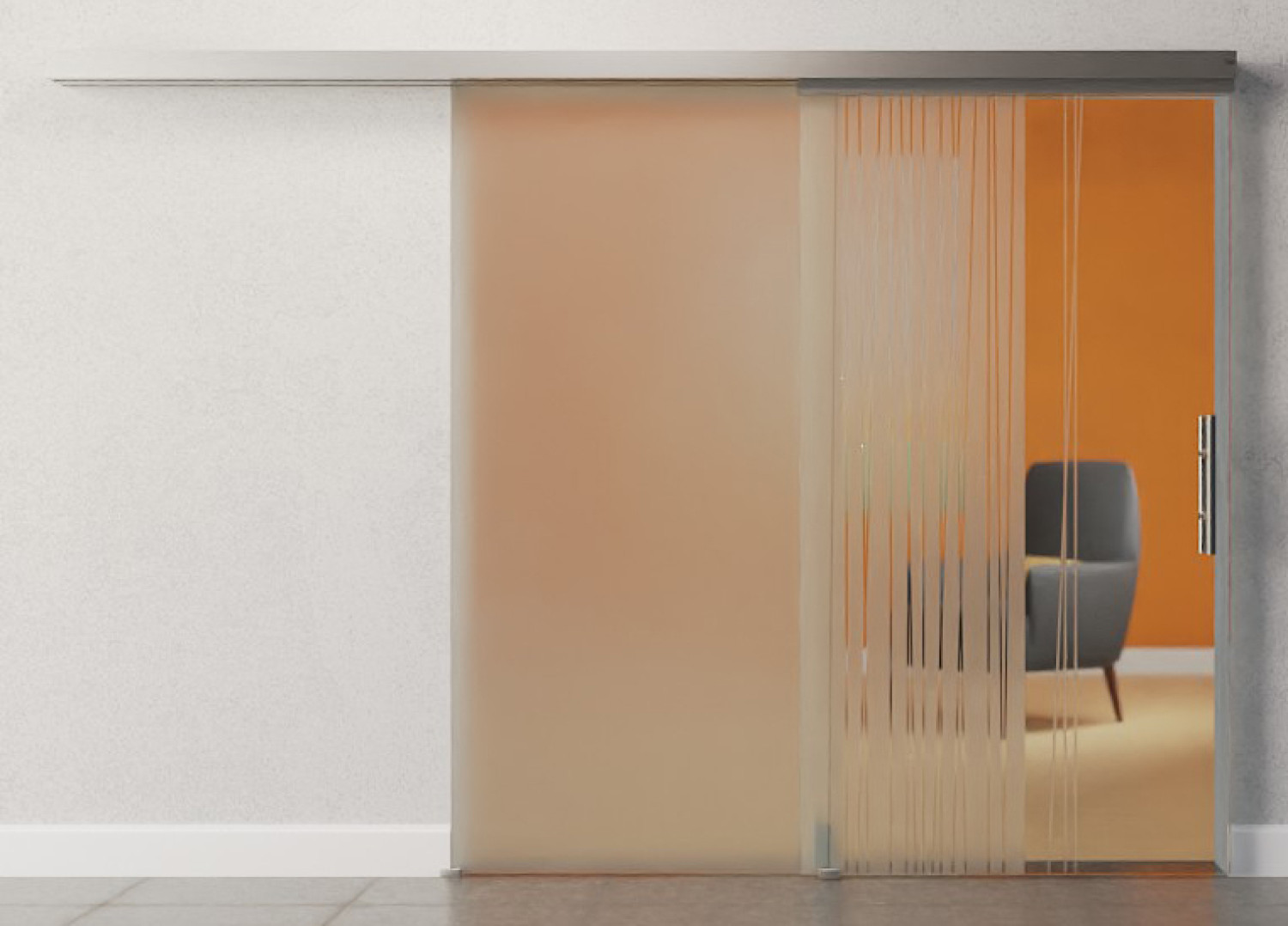 Frontansicht von Linie 1 Motiv matt 2-flg. Glasschiebetür DORMA MUTO Teleskop Variante 1 - Erkelenz