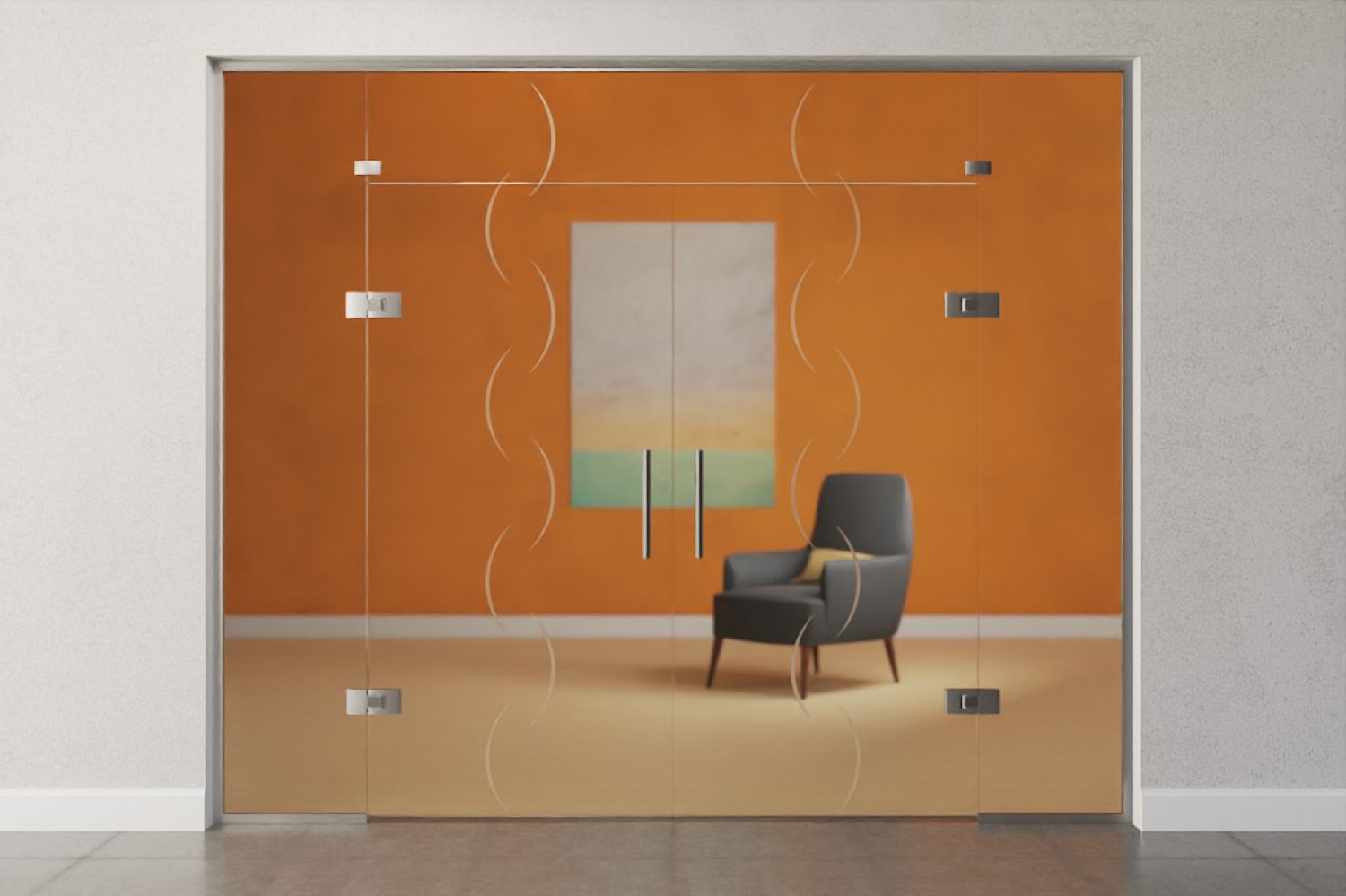 Bild von Atessa Motiv matt 2-flg. Glaspendeltür mit zwei festen Seitenteilen und Oberlicht DORMA Tensor Variante 6 - Erkelenz