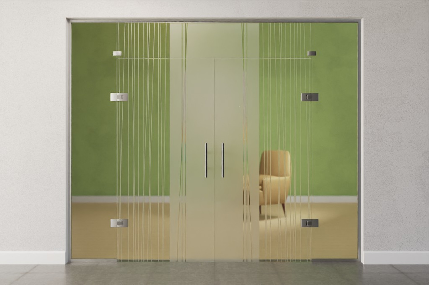 Bild von Linie 1 Motiv klar 2-flg. Glaspendeltür mit zwei festen Seitenteilen und Oberlicht DORMA Tensor Variante 6 - Erkelenz