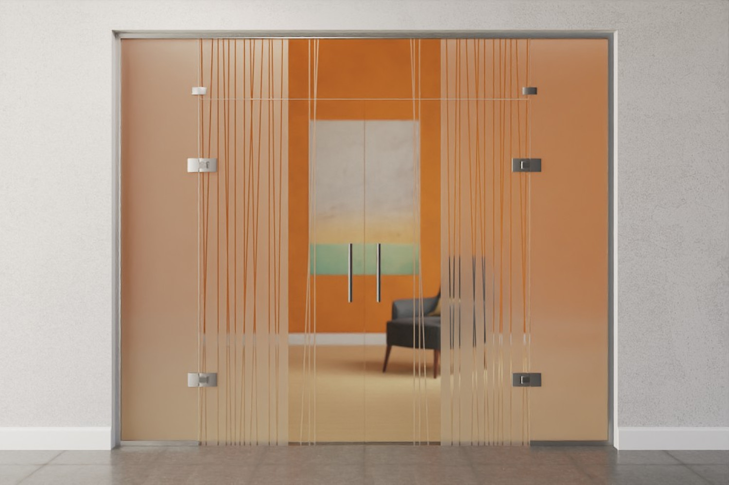 Bild von Linie 1 Motiv matt 2-flg. Glaspendeltür mit zwei festen Seitenteilen und Oberlicht DORMA Tensor Variante 6 - Erkelenz
