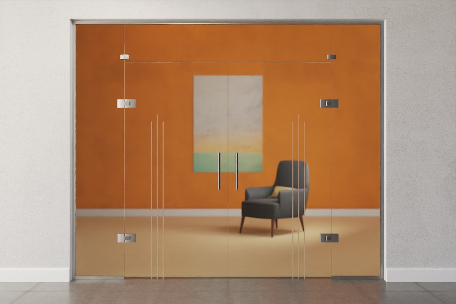 Bild von Vertigo Motiv matt 2-flg. Glaspendeltür mit zwei festen Seitenteilen und Oberlicht DORMA Tensor Variante 6 - Erkelenz