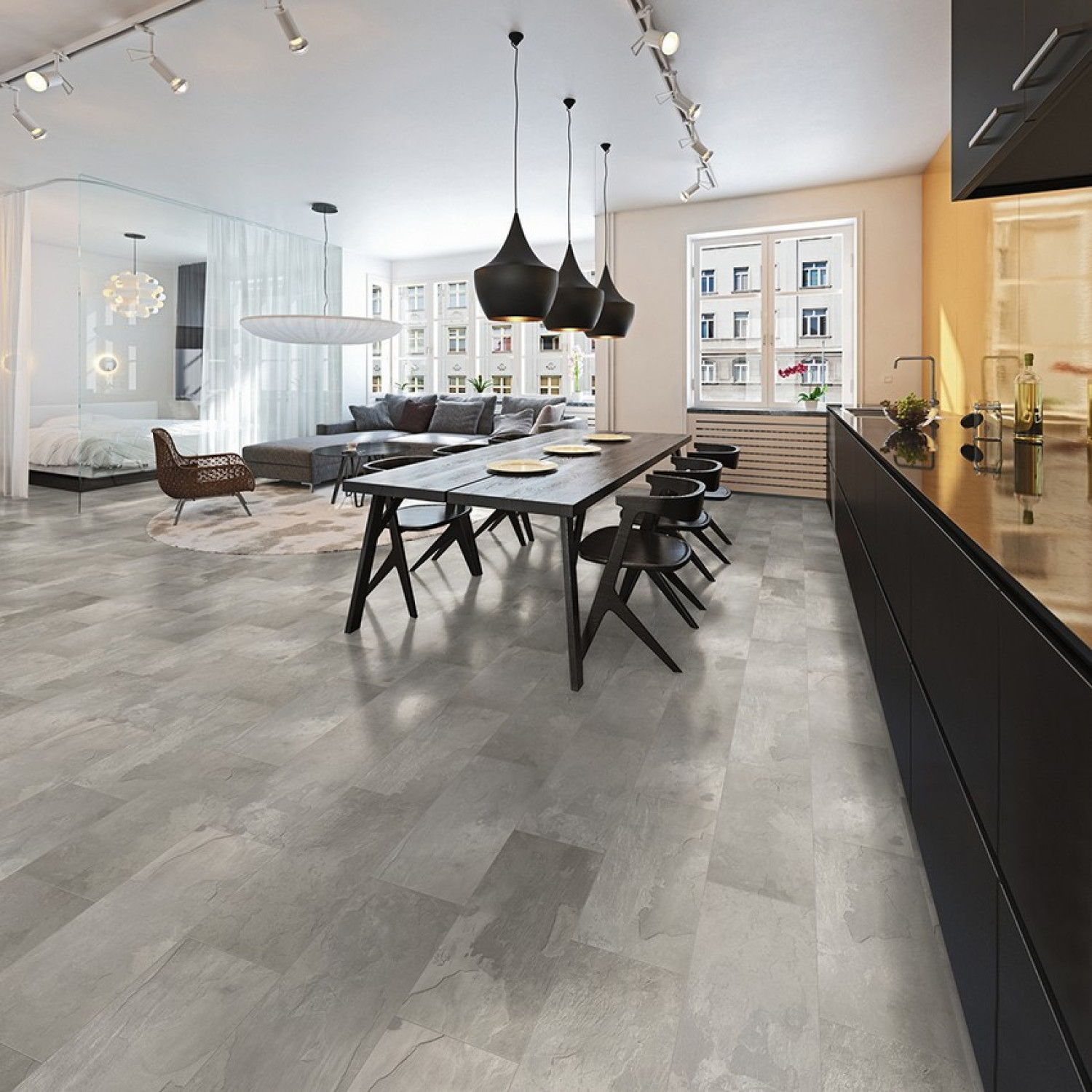Milieubild Essbereich von Schiefer grau Steinstruktur Autentico Laminat - Wiparquet