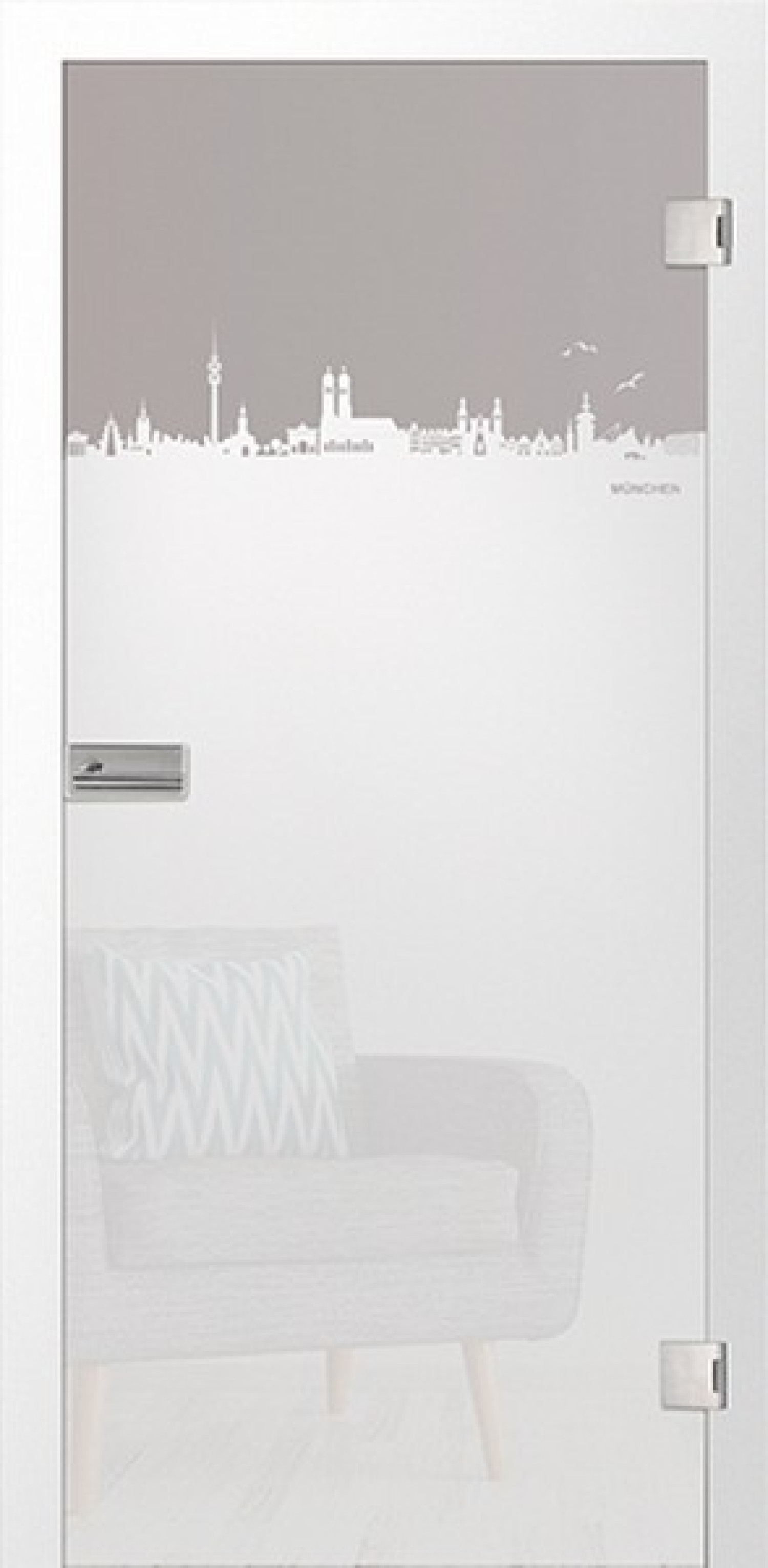 ERKELENZ Glastür Skyline München Mattierung mit Motiv matt