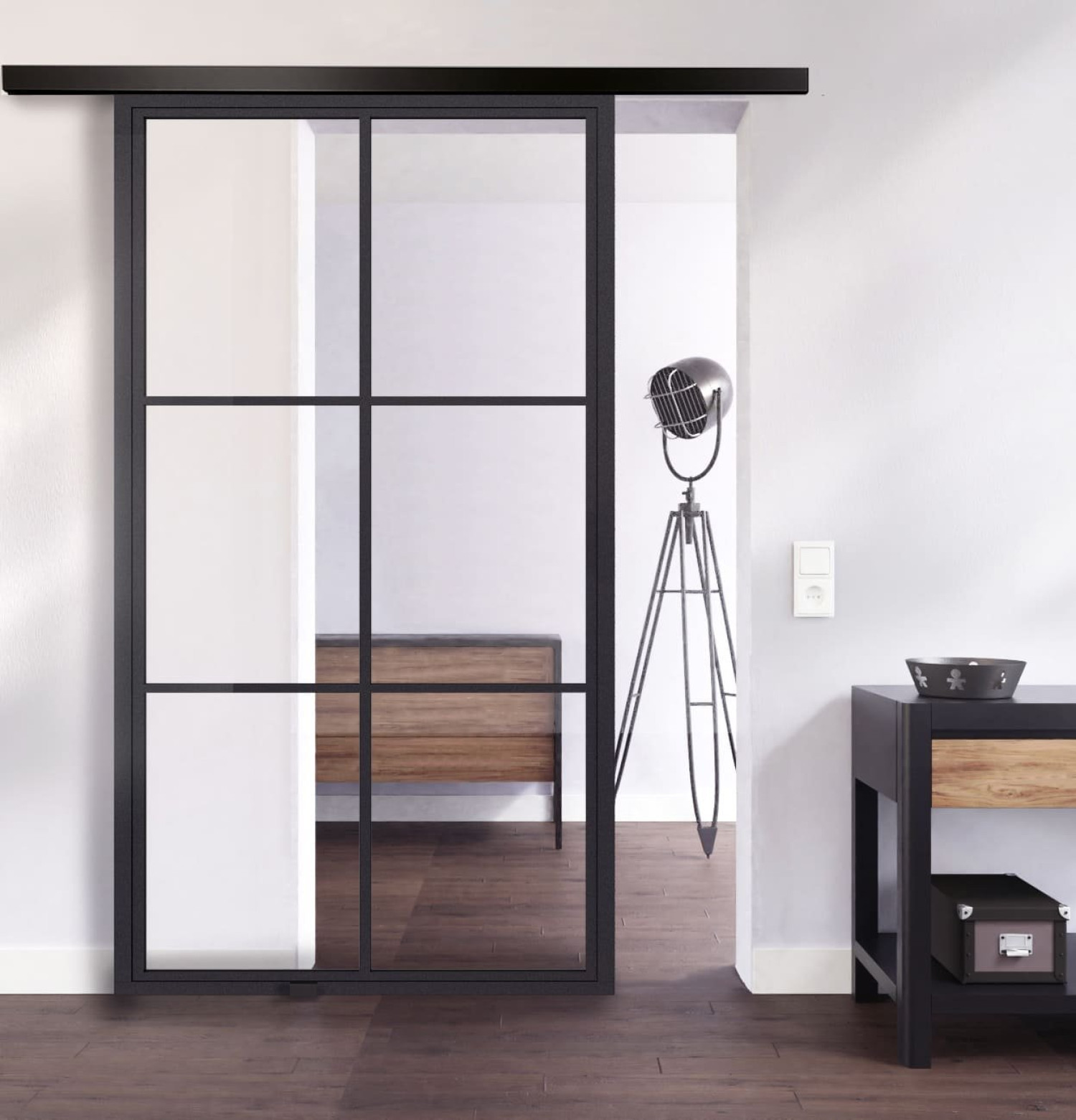 Ansicht von Schiebetür-Set Stahl Lofttür mit Sprossen 1-2 inkl. Schiebetürsystem Smart Line Soft - Lienbacher Glas