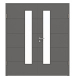 Frontansicht von HÖRMANN Doppelflügeltür Groove 15 Staubgrau RAL 7037 Lack DesignLine mit Lichtausschnitt LA 24 schlossseitig mit Zarge