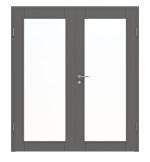 Frontansicht von HÖRMANN Doppelflügeltür Groove 16 Staubgrau RAL 7037 Lack DesignLine mit Lichtausschnitt LA 27 mit Zarge