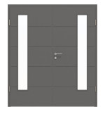 Frontansicht von HÖRMANN Doppelflügeltür Groove 27 Staubgrau RAL 7037 Lack DesignLine mit Lichtausschnitt LA 24 bandseitig mit Zarge