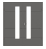 Frontansicht von HÖRMANN Doppelflügeltür Groove 27 Staubgrau RAL 7037 Lack DesignLine mit Lichtausschnitt LA 24 schlossseitig mit Zarge