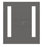 Frontansicht von HÖRMANN Doppelflügeltür Groove 29 Staubgrau RAL 7037 Lack DesignLine mit Lichtausschnitt LA 24 bandseitig mit Zarge