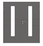 Frontansicht von HÖRMANN Doppelflügeltür Groove 29 Staubgrau RAL 7037 Lack DesignLine mit Lichtausschnitt LA 24 mittig mit Zarge