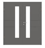 Frontansicht von HÖRMANN Doppelflügeltür Groove 29 Staubgrau RAL 7037 Lack DesignLine mit Lichtausschnitt LA 24 schlossseitig mit Zarge