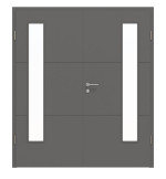 Frontansicht von HÖRMANN Doppelflügeltür Groove 31 Staubgrau RAL 7037 Lack DesignLine mit Lichtausschnitt LA 24 bandseitig mit Zarge