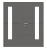 Frontansicht von HÖRMANN Doppelflügeltür Groove 34 Staubgrau RAL 7037 Lack DesignLine mit Lichtausschnitt LA 24 bandseitig mit Zarge