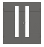 Frontansicht von HÖRMANN Doppelflügeltür Groove 34 Staubgrau RAL 7037 Lack DesignLine mit Lichtausschnitt LA 24 schlossseitig mit Zarge