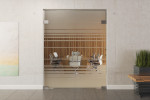 Frontansicht von Selina Motiv klar 2-flg. Glaspendeltür mit Oberlicht DORMA Mundus BTS Variante 10 - Erkelenz