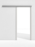 Frontansicht von GARANT Line-Schiebetürsystem vor der Wand laufend Silver Grey CePaL
