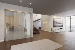 Milieu Loft Wohnzimmer mit Linie 1 Mattierung Doppelflügeltür mit Motiv klar - Erkelenz