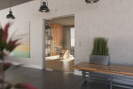 Milieubild von Vertigo Motiv matt Glaspendeltür mit festem Seitenteil DORMA Mundus BTS Variante 2 - Erkelenz