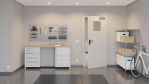 Front-Flur-Milieuansicht von GARANT Rauchschutztür D92-60 Dove Grey Resopal mit Lichtausschnitt LA-9