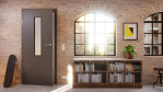 Detail-Milieuansicht von Huga Innentür Hygge grau RAL 7037 Duradecor Basic mit Lichtausschnitt LA 4 mittig