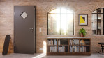 Detail-Milieuansicht von Huga Innentür Hygge grau RAL 7037 Duradecor Basic mit Lichtausschnitt LA 6 Raute