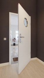Front-Milieuansicht von GARANT Wohnungseingangstür D354-60 Designer White Resopal mit Lichtausschnitt LA-12