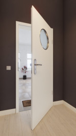 Front-Milieuansicht von GARANT Wohnungseingangstür 0105-60 Pearl White CePaL mit Lichtausschnitt LA-13