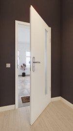 Front-Milieuansicht von GARANT Wohnungseingangstür 0105-60 Pearl White CePaL mit Lichtausschnitt LA-4 bandseitig