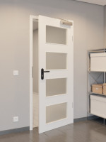 CloseUp-Flur-Milieuansicht von GARANT Rauchschutztür D354-60 Designer White Resopal mit Lichtausschnitt LA-11