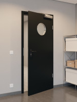 CloseUp-Flur-Milieuansicht von GARANT Rauchschutztür 0901-60 Black Resopal mit Lichtausschnitt LA-12
