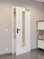 CloseUp-Flur-Milieuansicht von GARANT Rauchschutztür D354-60 Designer White Resopal mit Lichtausschnitt LA-4 mittig