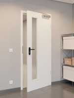 CloseUp-Flur-Milieuansicht von GARANT Rauchschutztür D354-60 Designer White Resopal mit Lichtausschnitt LA-4 schlossseitig