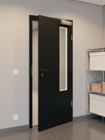 CloseUp-Flur-Milieuansicht von GARANT Rauchschutztür 0901-60 Black Resopal mit Lichtausschnitt LA-5 bandseitig