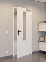 CloseUp-Flur-Milieuansicht von GARANT Rauchschutztür D354-60 Designer White Resopal mit Lichtausschnitt LA-5 mittig