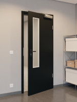 CloseUp-Flur-Milieuansicht von GARANT Rauchschutztür 0901-60 Black Resopal mit Lichtausschnitt LA-5 schlossseitig