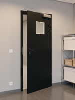 CloseUp-Flur-Milieuansicht von GARANT Rauchschutztür 0901-60 Black Resopal mit Lichtausschnitt LA-7