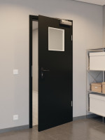 CloseUp-Flur-Milieuansicht von GARANT Rauchschutztür 0901-60 Black Resopal mit Lichtausschnitt LA-9