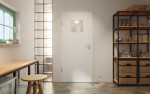 Front-Milieuansicht von GARANT Schallschutztür D354-60 Designer White Resopal mit Lichtausschnitt LA-8